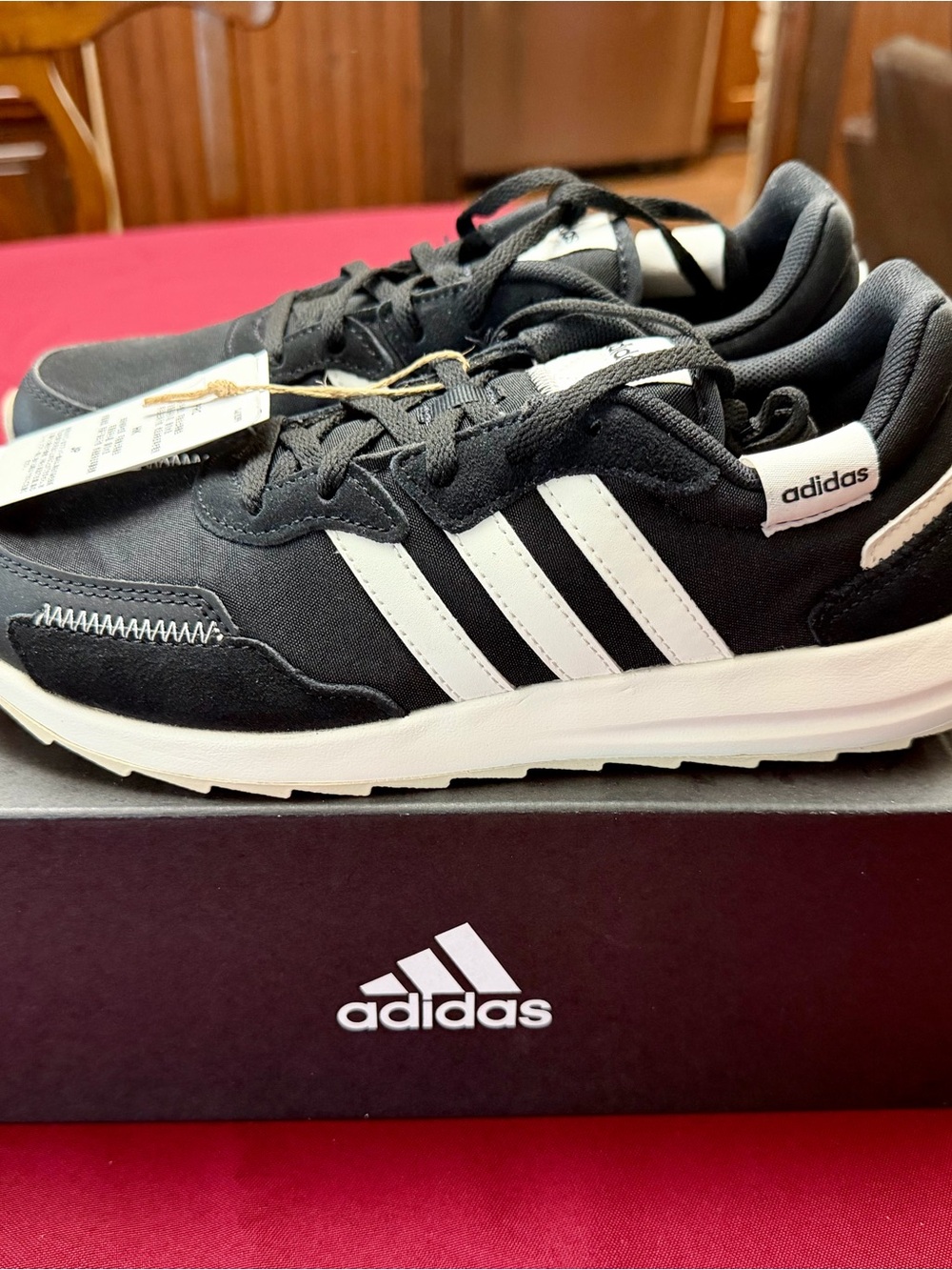 Adidas Retro Run Womenโs Size 6.5 Black with White Stripes Brand New With Tags